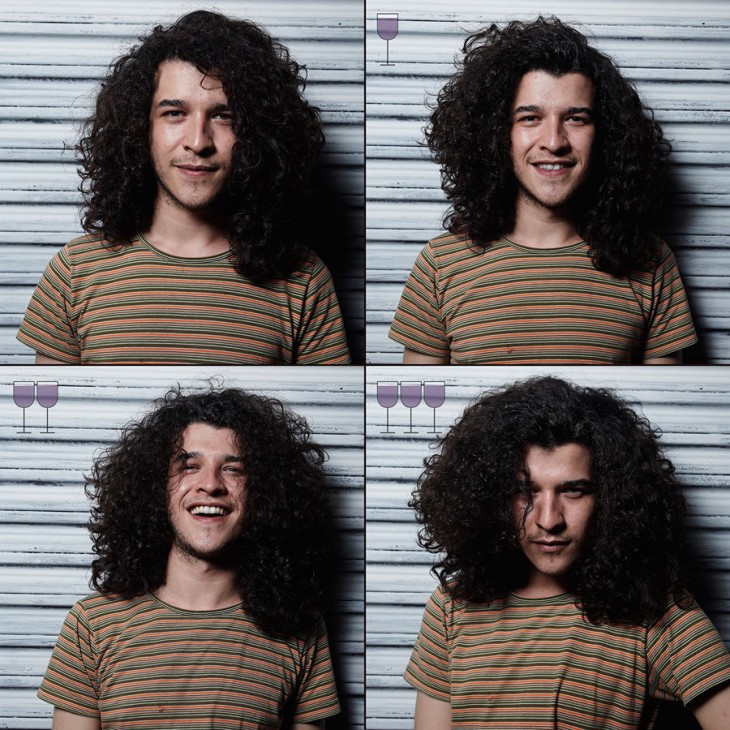 cuatro fotografías de un chico antes, durante y después de beber 3 copas de vino 
