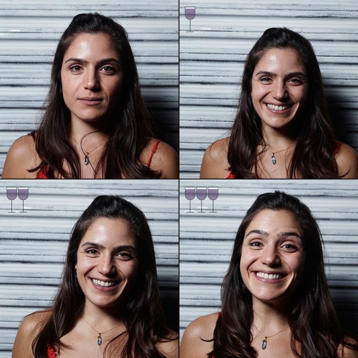 fotografías de la cara de una chica antes, durante y después de tomar 3 copas de vino 