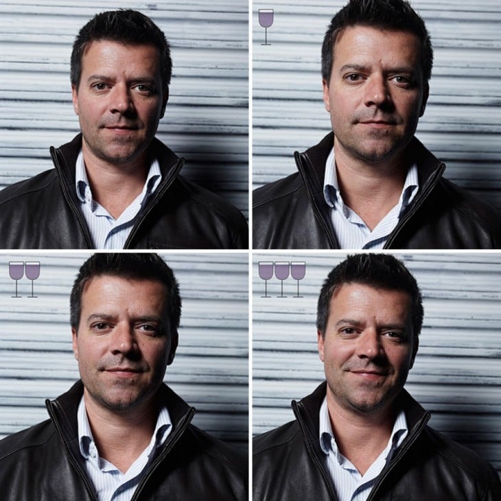 collage de cuatro fotografías de las expresiones de un hombre después de tomar 3 copas de vino 