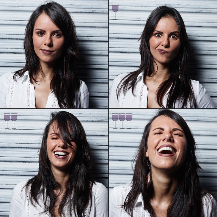 collage de fotografías de una mujer que cambia sus caras conforme se toma una copa de vino 