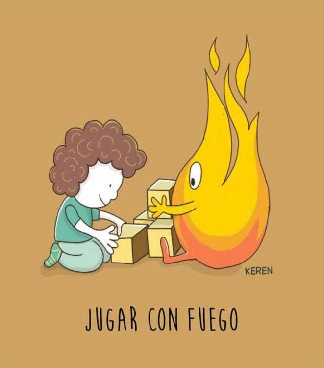 ilustración de un niño jugando con una llama de fuego 