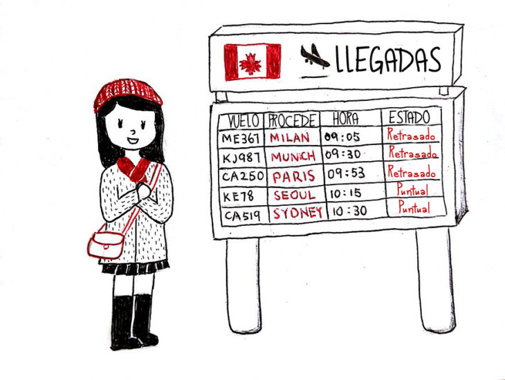ilustración de una chica en las llegadas de los vuelos en el aeropuerto 