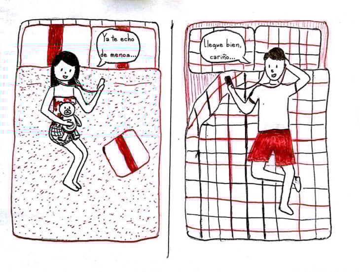 ilustración de una pareja teniendo una videollamada de larga distancia 