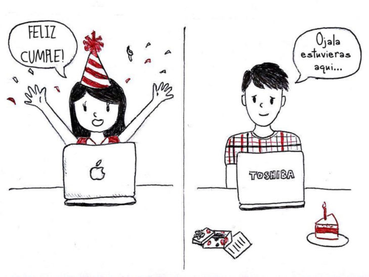ilustración que muestra a una pareja celebrando su cumpleaños a larga distancia por medio de una videollamada 