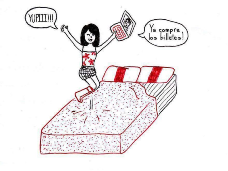 Ilustración de una mujer brincando en su cama 