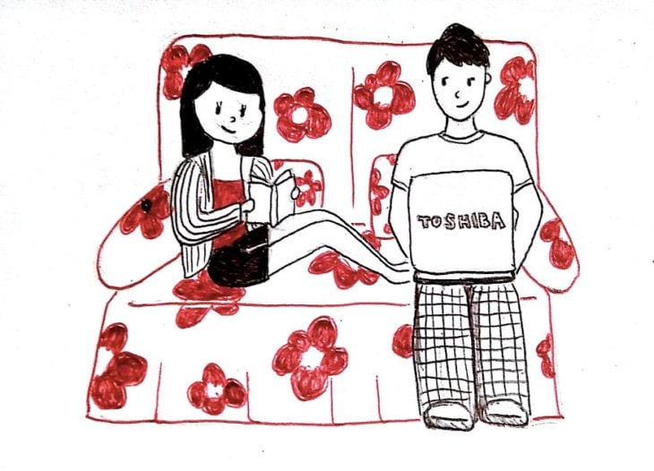 ilustración de una pareja sentada en un sillón 