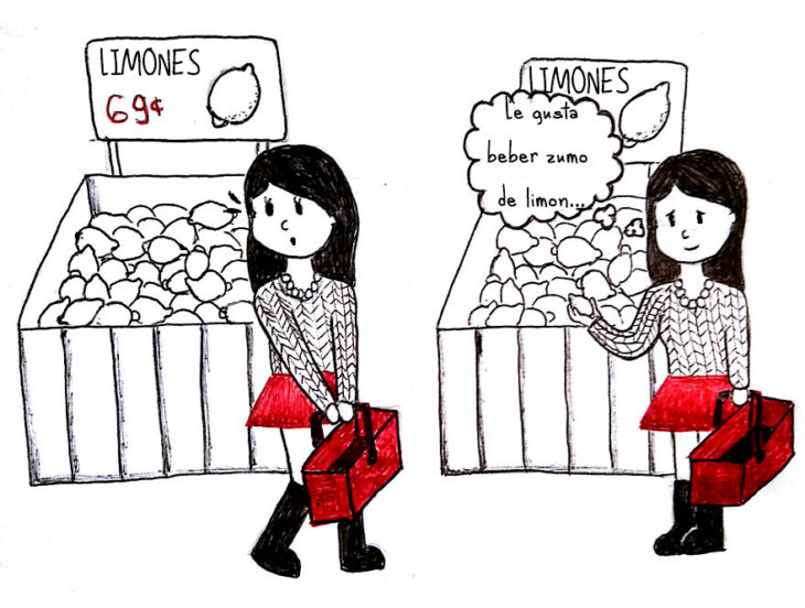 ilustración de una chica recordando a su novio en una tienda donde venden limones 