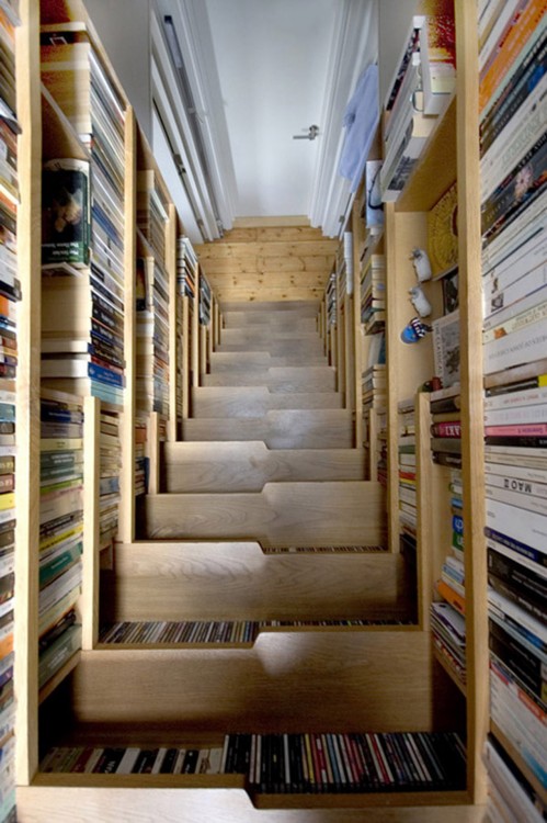 librería en los escalones de una casa 