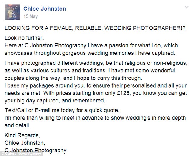 captura de pantalla de una publicación en Facebook de Chloe Johnston