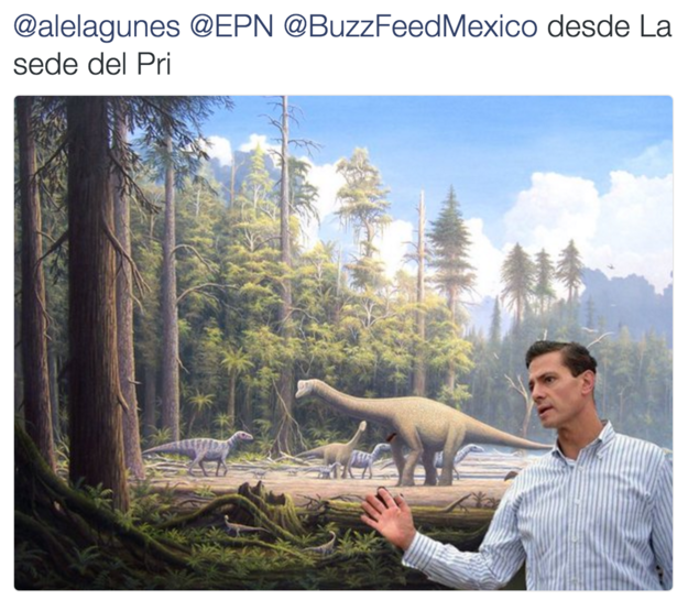 Meme de la visita de Peña Nieto a Pemex en Coatzacoalcos en una escena de dinosaurios 