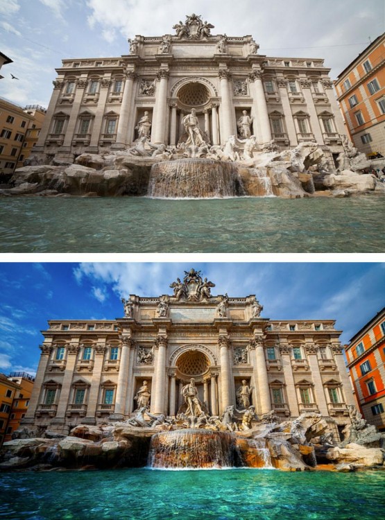 imagen de fonte di trevi, antes y después del photoshop 