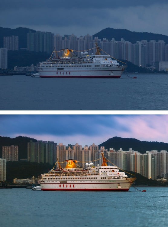 Fotografía del antes y después del photoshop en un crucero navegando 