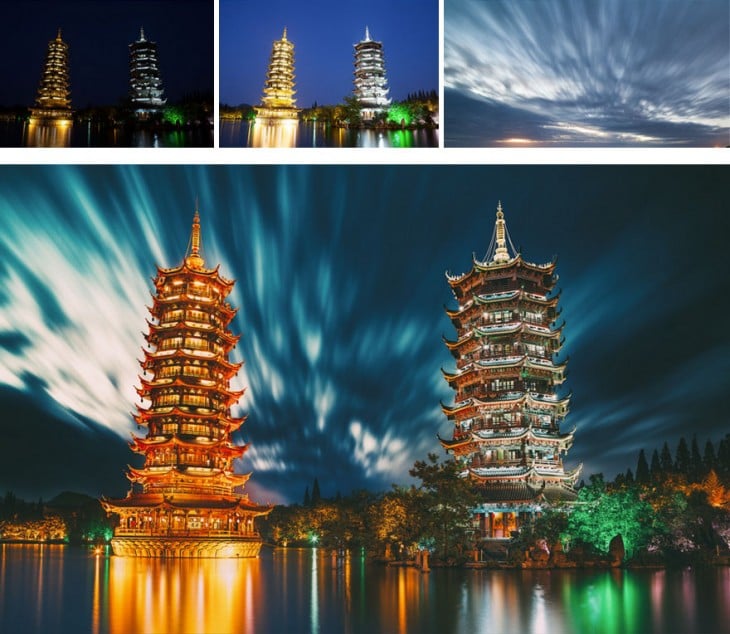 evolución de una fotografía de unas torres con edición en photoshop 