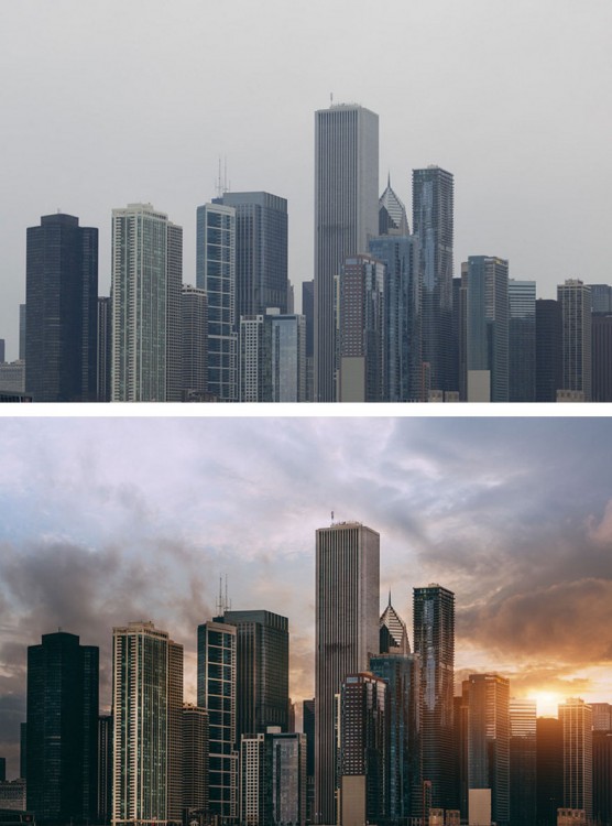 fotografía del antes y después del photoshop en unos edificios