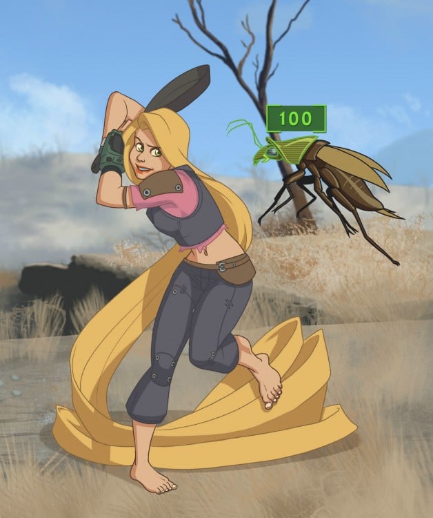 rapunzel ilustrada como un personaje del videojuego Fallout 4 