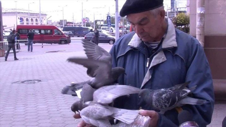 hombre con muchas palomas en sus manos