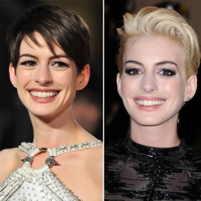 anne hathaway con el cabello castaño y rubio