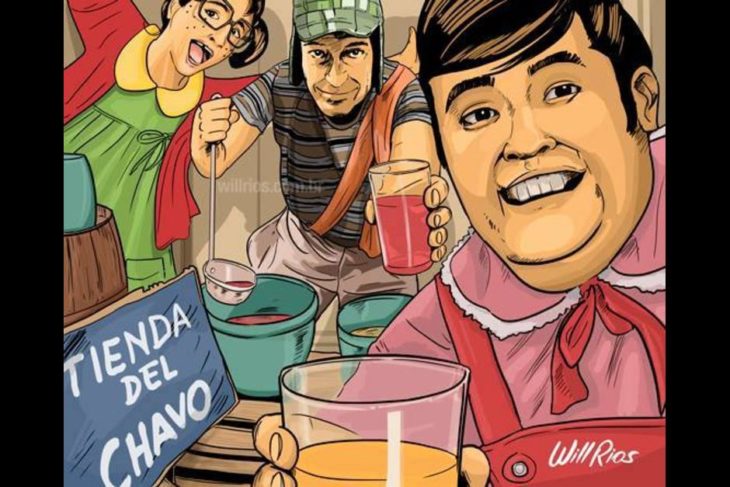 ilustración will ríos selfie de ñoño, la chilindrina y el chavo vendiendo aguas frescas