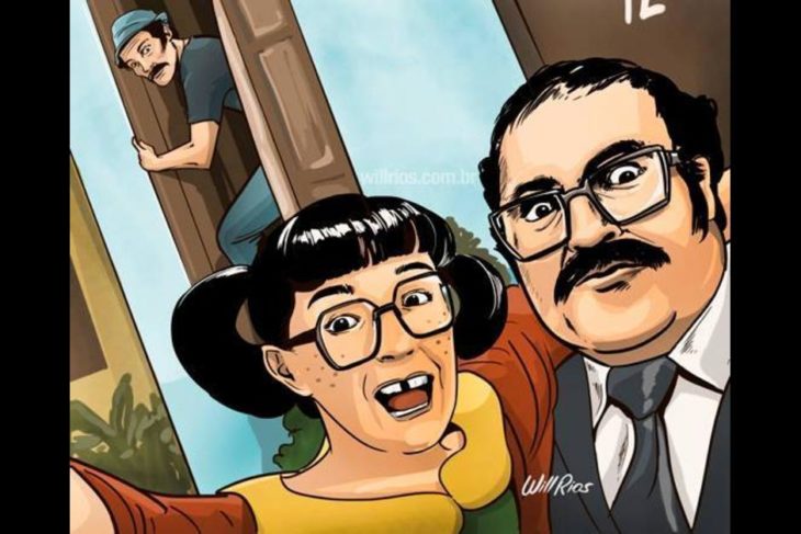 ilustración will ríos selfie de la chilindrina y el señor barriga mientras don ramón sale por la ventana