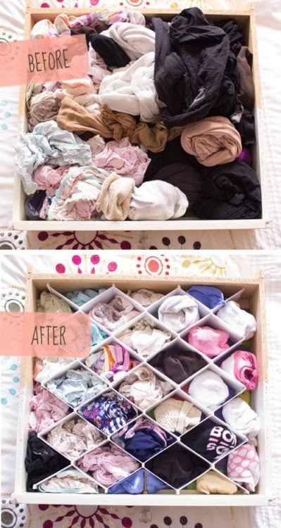 cajón de ropa interior antes y cajón de ropa interior ordenado