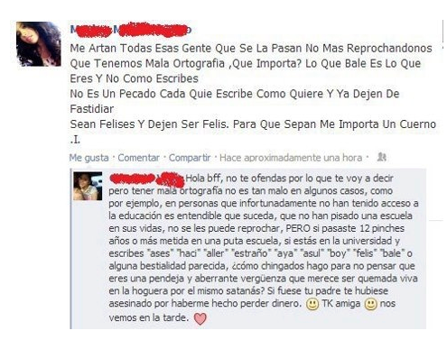 estado de internet en donde una chica subió un pensamiento con pésima ortografía y su amiga la regaña