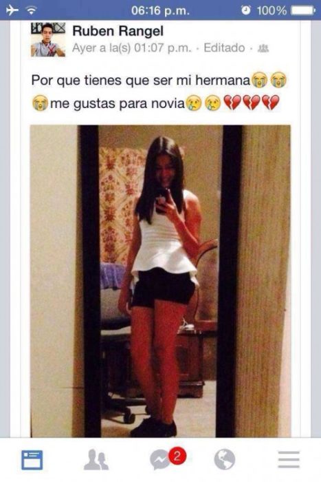 estado de internet de un chico que sube una foto de su hermana y dice que le gusta para novia