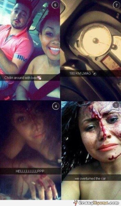 4 fotos en snapchat donde una chica sube una foto paseando, otra donde se ve que van a 180 km/hr y dos más de ella con la cara ensangrentada diciendo que se volcaron 