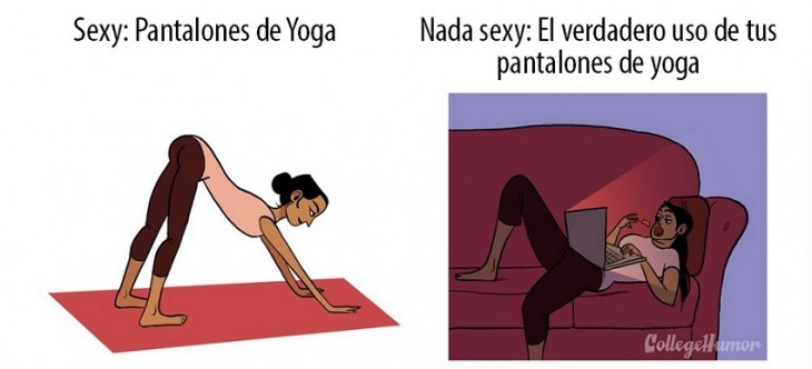 sexy, mujer con pantalones de yoga haciendo ejercicio; nada sexy, mujer con pantalones de yoga de flojera