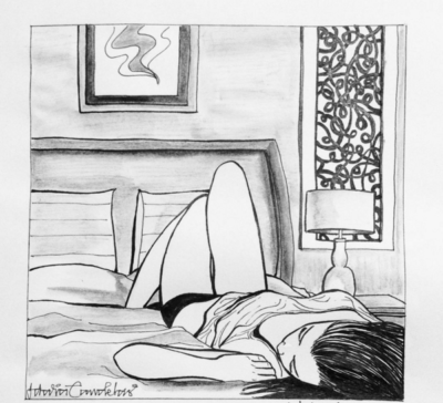 Ilustración de Idalia Candelas en el que una mujer está recostada en su cama