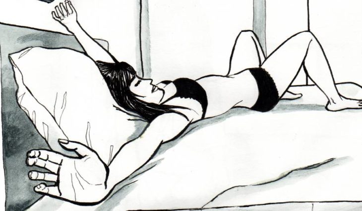 Ilustración de Idalia Candelas de una mujer en ropa interior despertándose