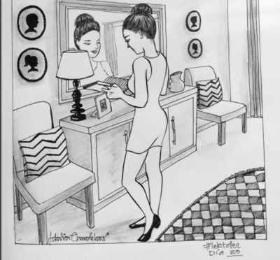 Ilustración de Idalia Candelas de una mujer arreglada frente al espejo