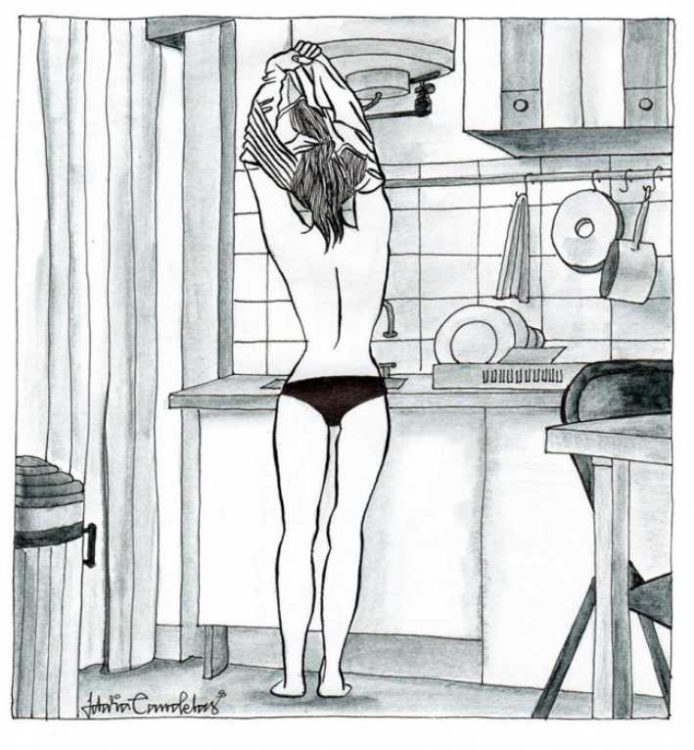 Ilustración de Idalia Candelas de una mujer topless mientras está en la cocina