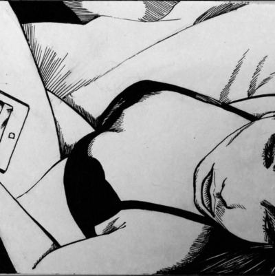 Ilustración de Idalia Candelas de una mujer recostada en ropa interior mientras duerme