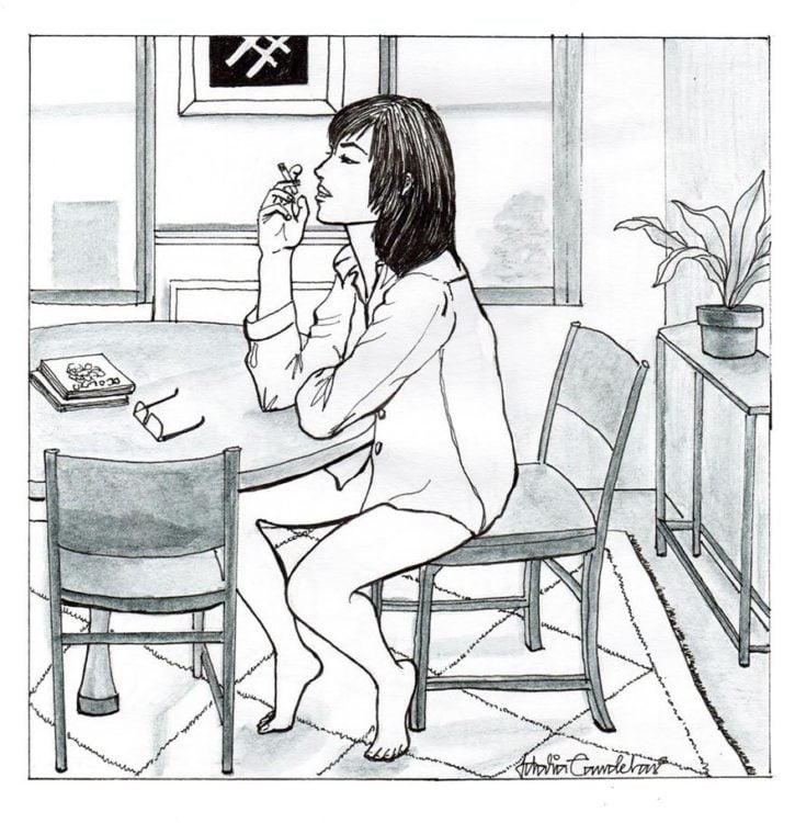 Ilustración de Idalia Candelas de una mujer relajada fumando en su cocina