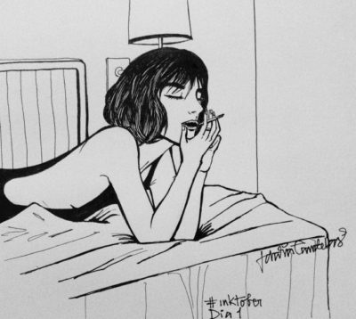 Ilustración de Idalia Candelas de una mujer acostada fumando