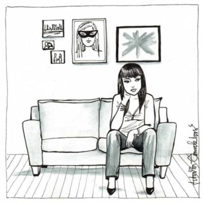 Ilustración de Idalia Candelas de una mujer sentada en la sala pensando