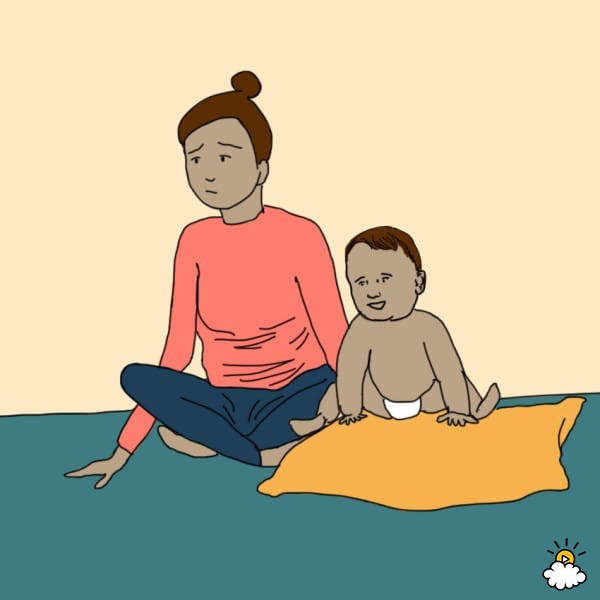 ilustración de mujer y bebé sentados en el piso