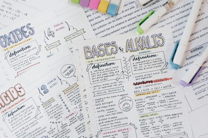 Apuntes organizados e inspiradores. Hojas de estudio de química con dibujos y tipografía bonita