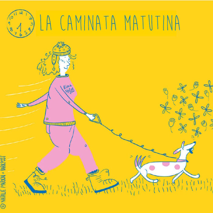 Ilustración Natalie Marion. Mamá humana saca a pasear a su perro