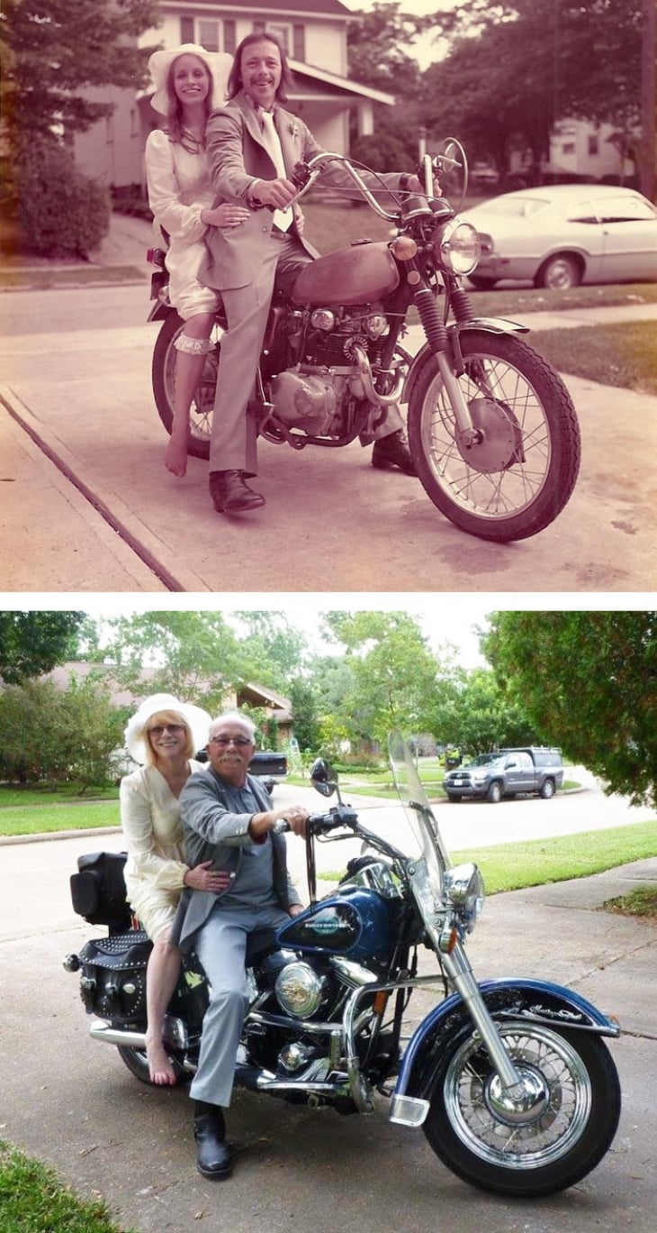 ANTES. Recién casados en una moto. AHORA. 40 años después matrimonio en una moto