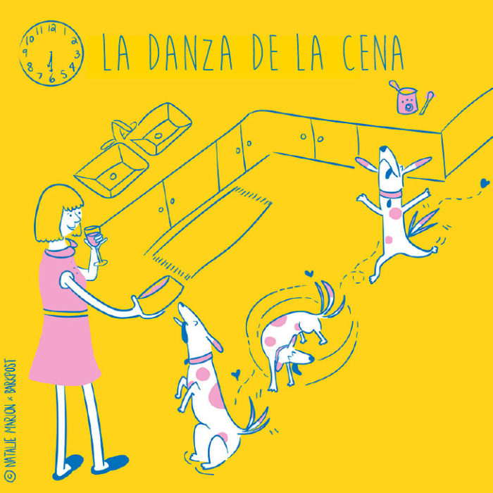 Ilustración Natalie Marion. Perro baila de la emoción cuando su mamá humana le da su comida