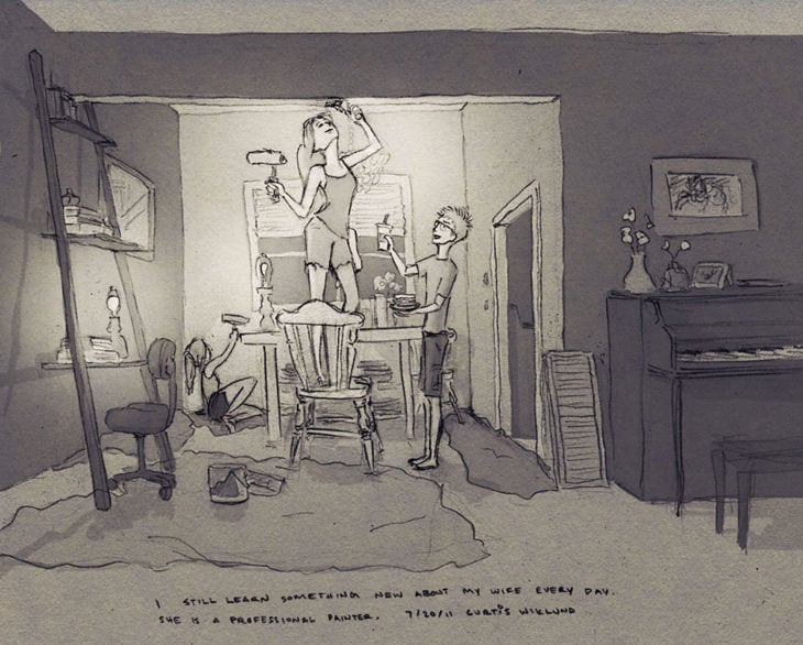 dibujo de una familia pintando el interior de su hogar 