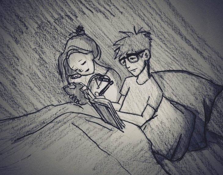 dibujo de una pareja en la cama leyendo libros 