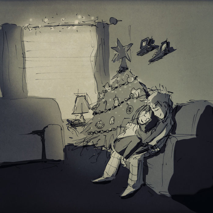 ilustración de una pareja sentada en un sillón junto al árbol de navidad 