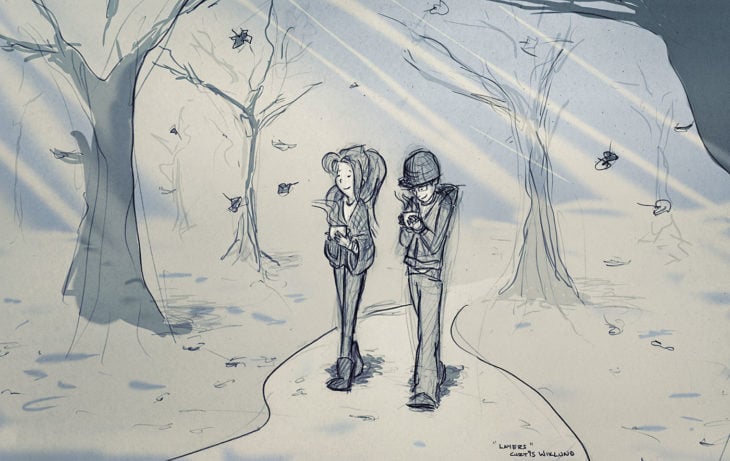 dibujo de una pareja caminando en un paisaje nevado 