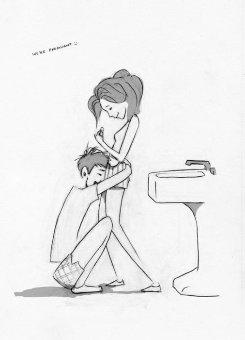 ilustración de una pareja abrazándose después de ver que van a ser papás 