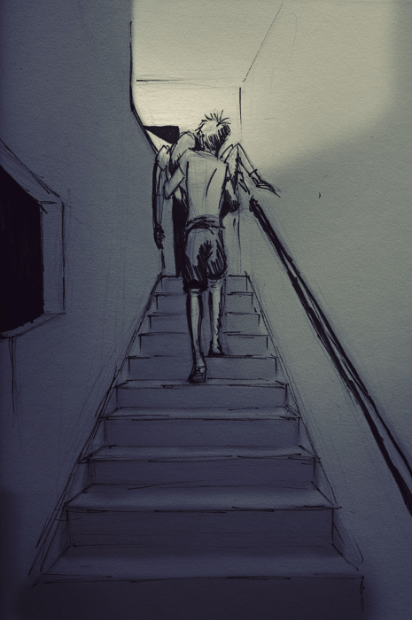 dibujo de un hombre cargando a su esposa por las escaleras 