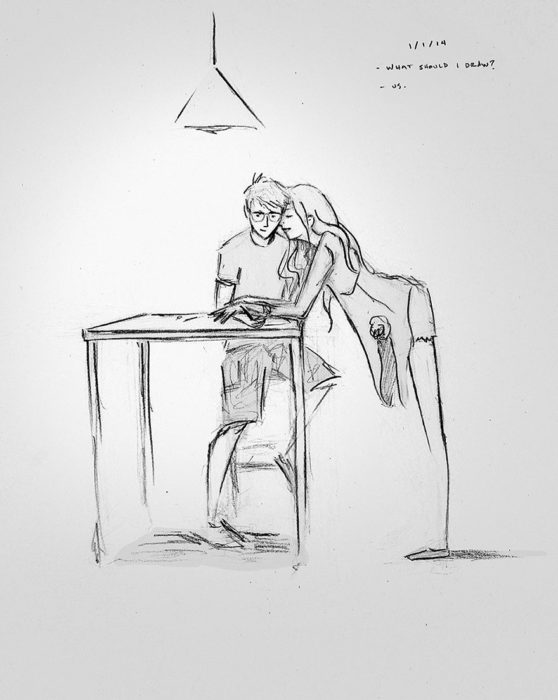 dibujo de un chico trabajando mientras su chica se recarga en su hombro 