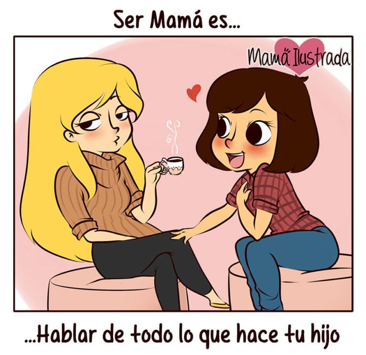 ilustración de una mamá hablando de su hijo con sus amigas 