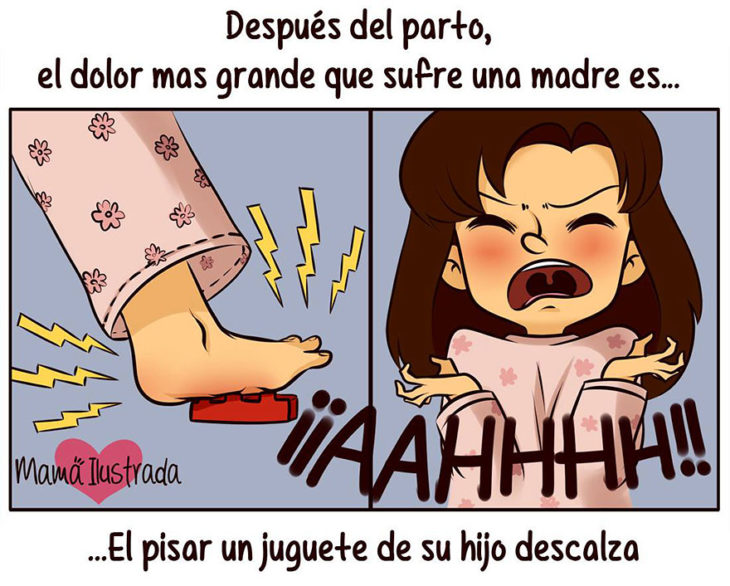 ilustración de una mamá pisando el juguete de su hijo 